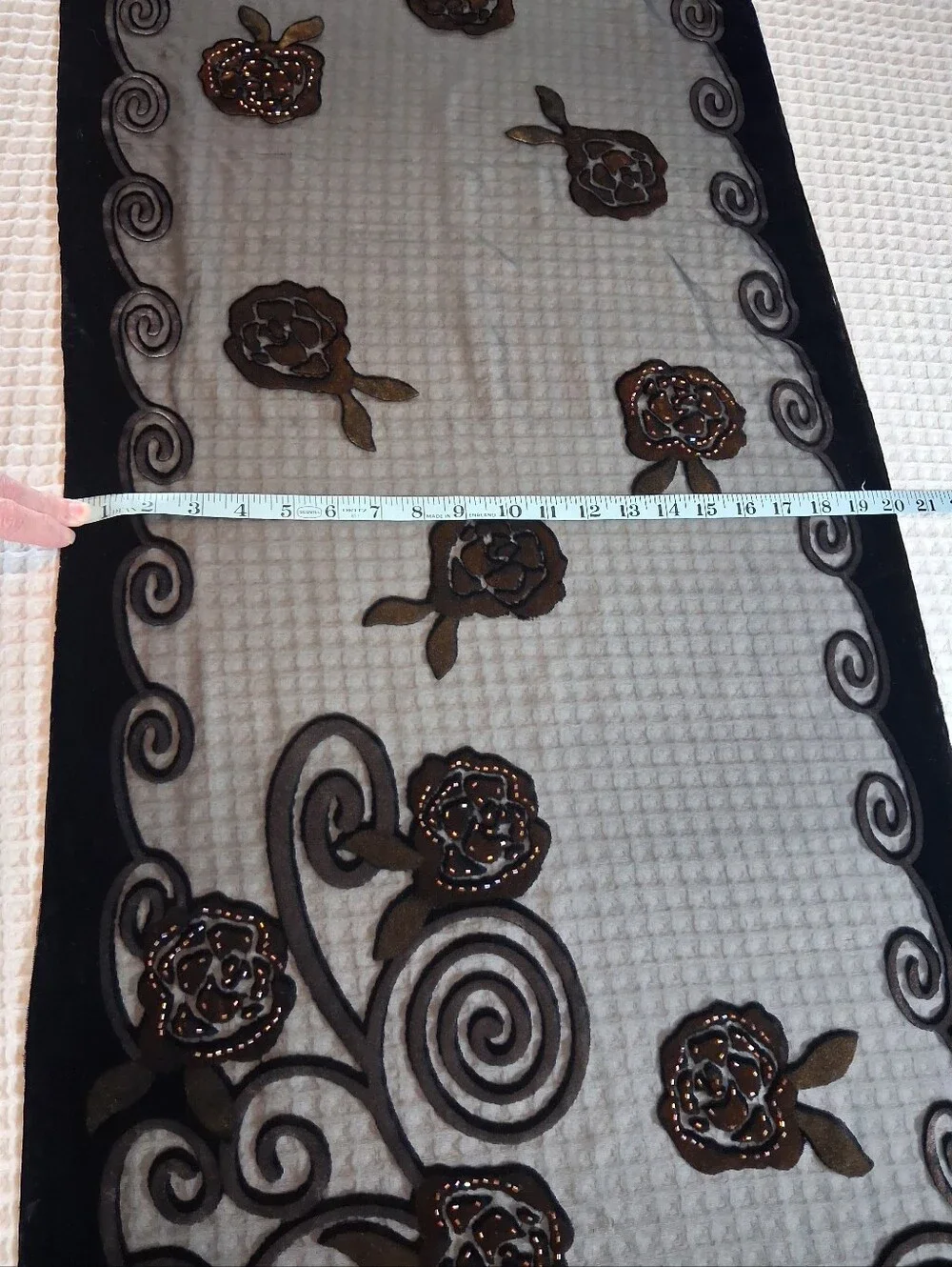 Unbranded Velvet Burnout Scarf/Shawl w/Beaded Rose Motif and Delicate Fringe